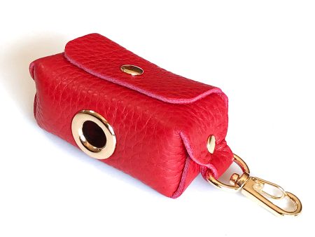 Fine Doggy Red Leather Leash Waste Bag Holder - One Size For Sale