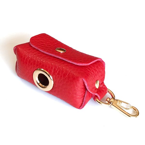 Fine Doggy Red Leather Leash Waste Bag Holder - One Size For Sale